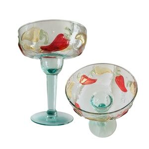 Margarita Glass 6.5” (pair of 2) Green Stem/Base Red & Yellow Jalapeños Mexico